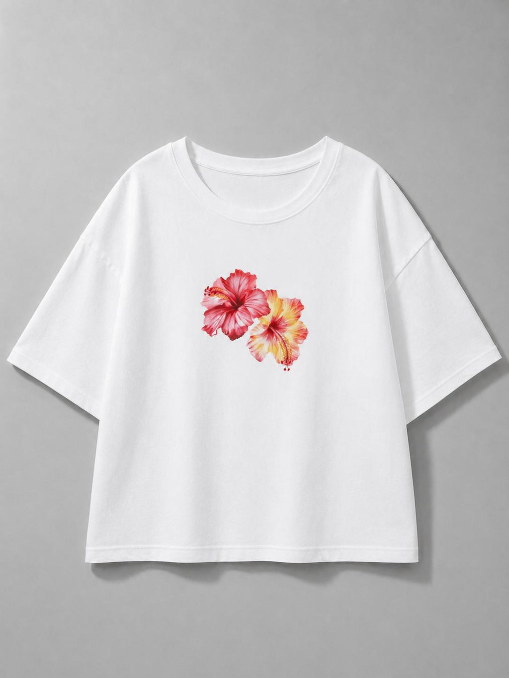 Hibiscus Çiçek Baskılı Oversize Kadın T-shirt