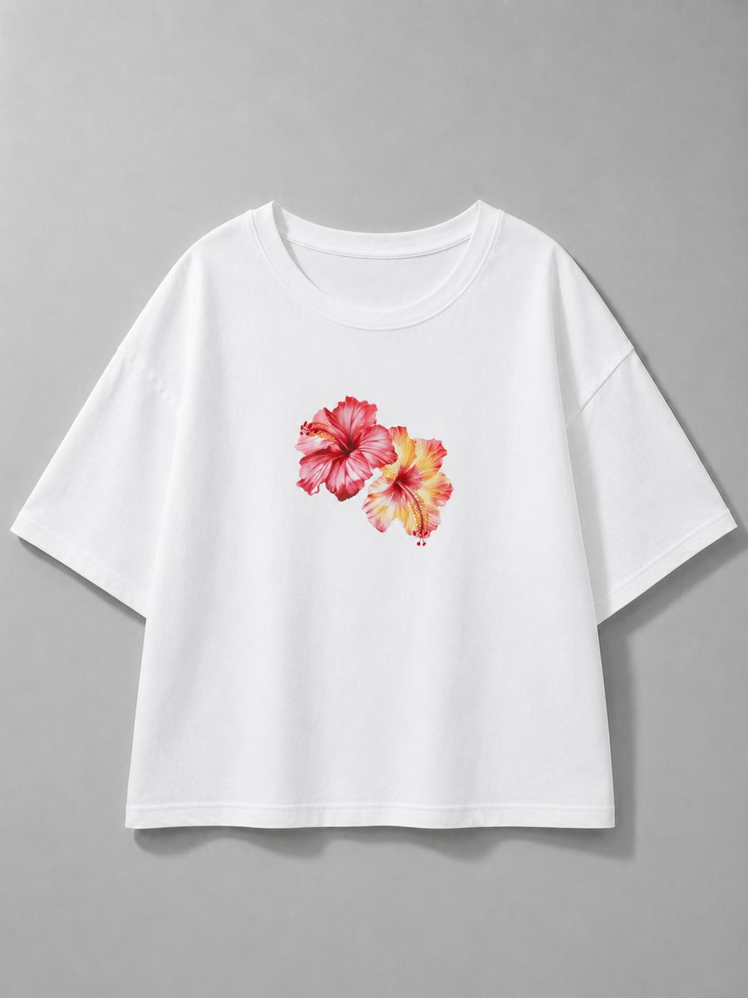 Hibiscus Çiçek Baskılı Oversize Kadın T-shirt