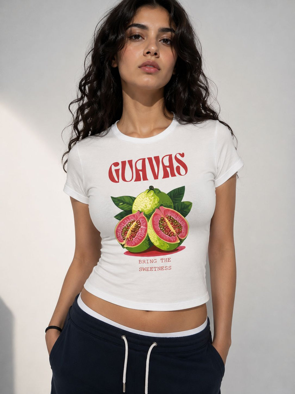 Guavas Baskılı Baby Tee Kadın T-shirt Beyaz