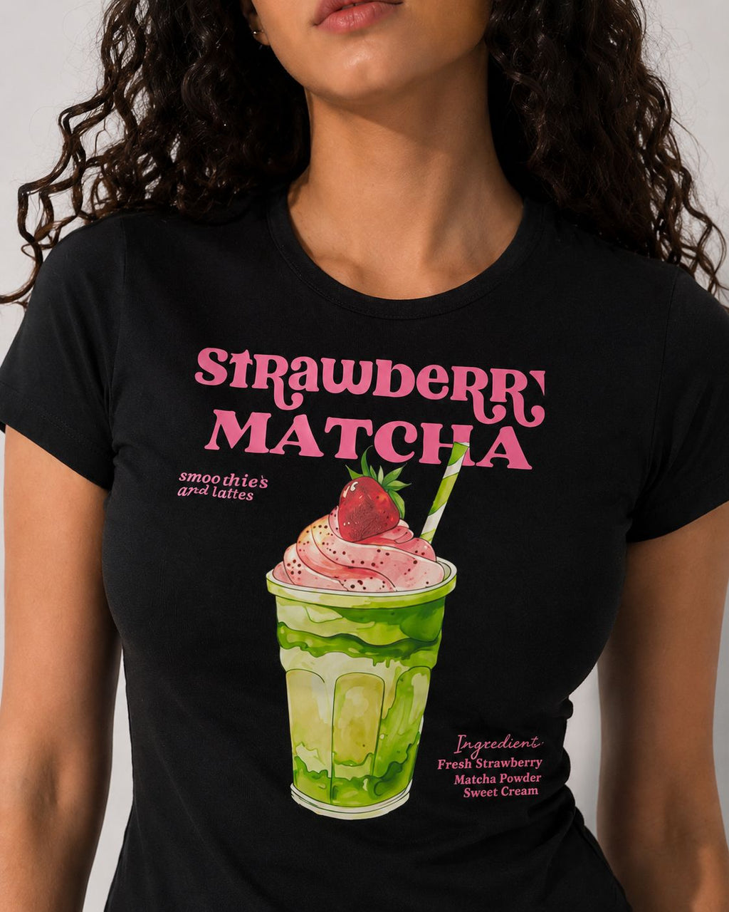 Matcha Baskılı Baby Tee Kadın T-shirt Siyah