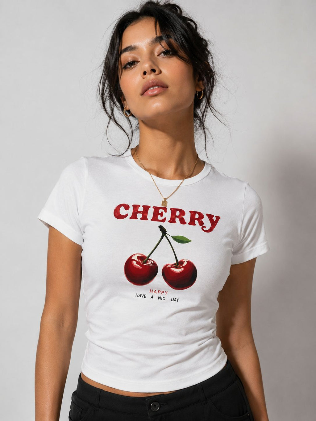 Cherry Baskılı Baby Tee T-shirt Beyaz