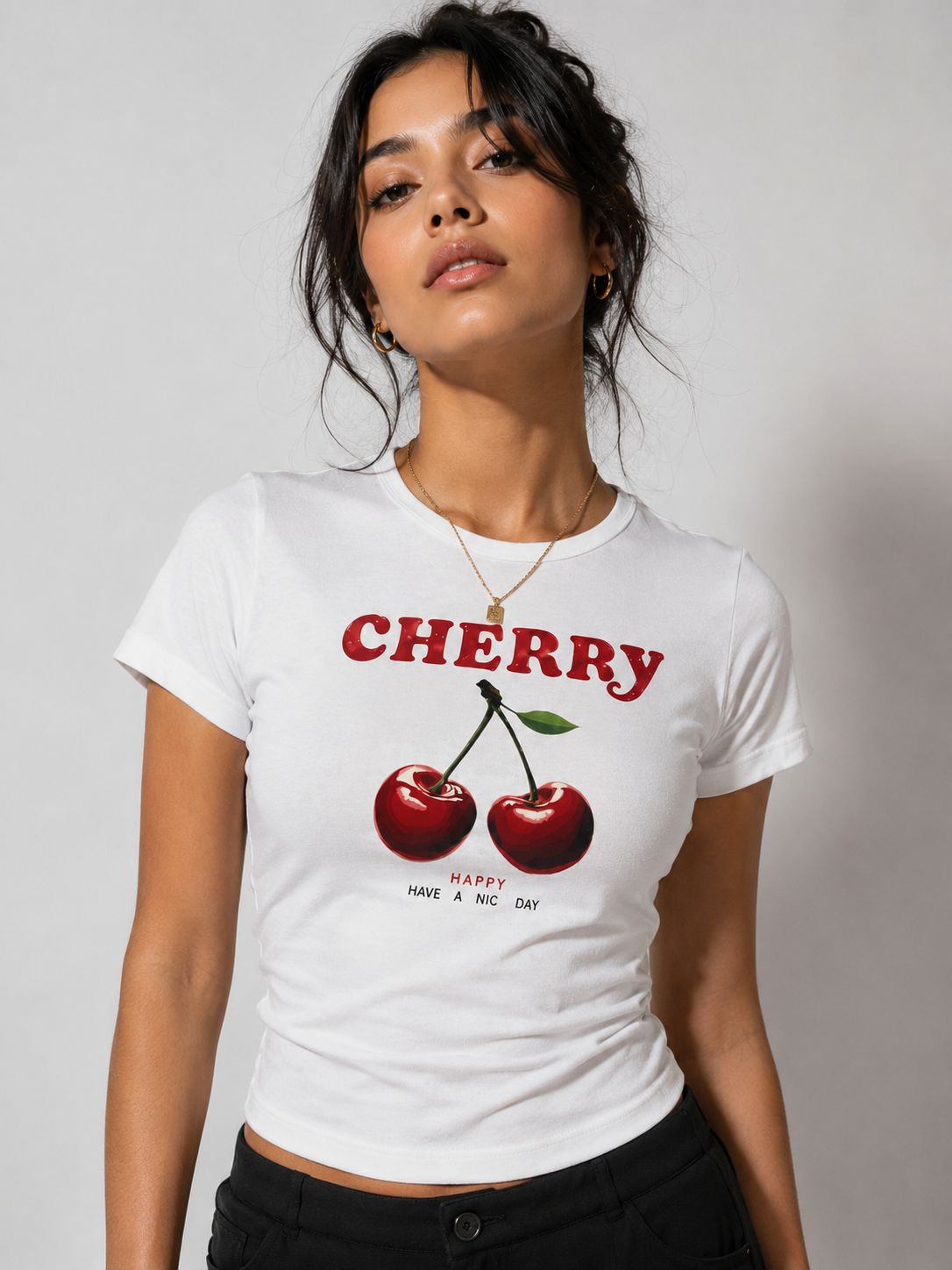 Cherry Baskılı Baby Tee T-shirt Beyaz