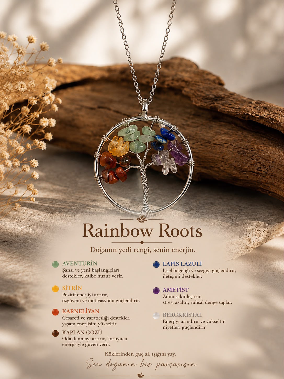 Rainbow Roots Doğal Taş Kolye