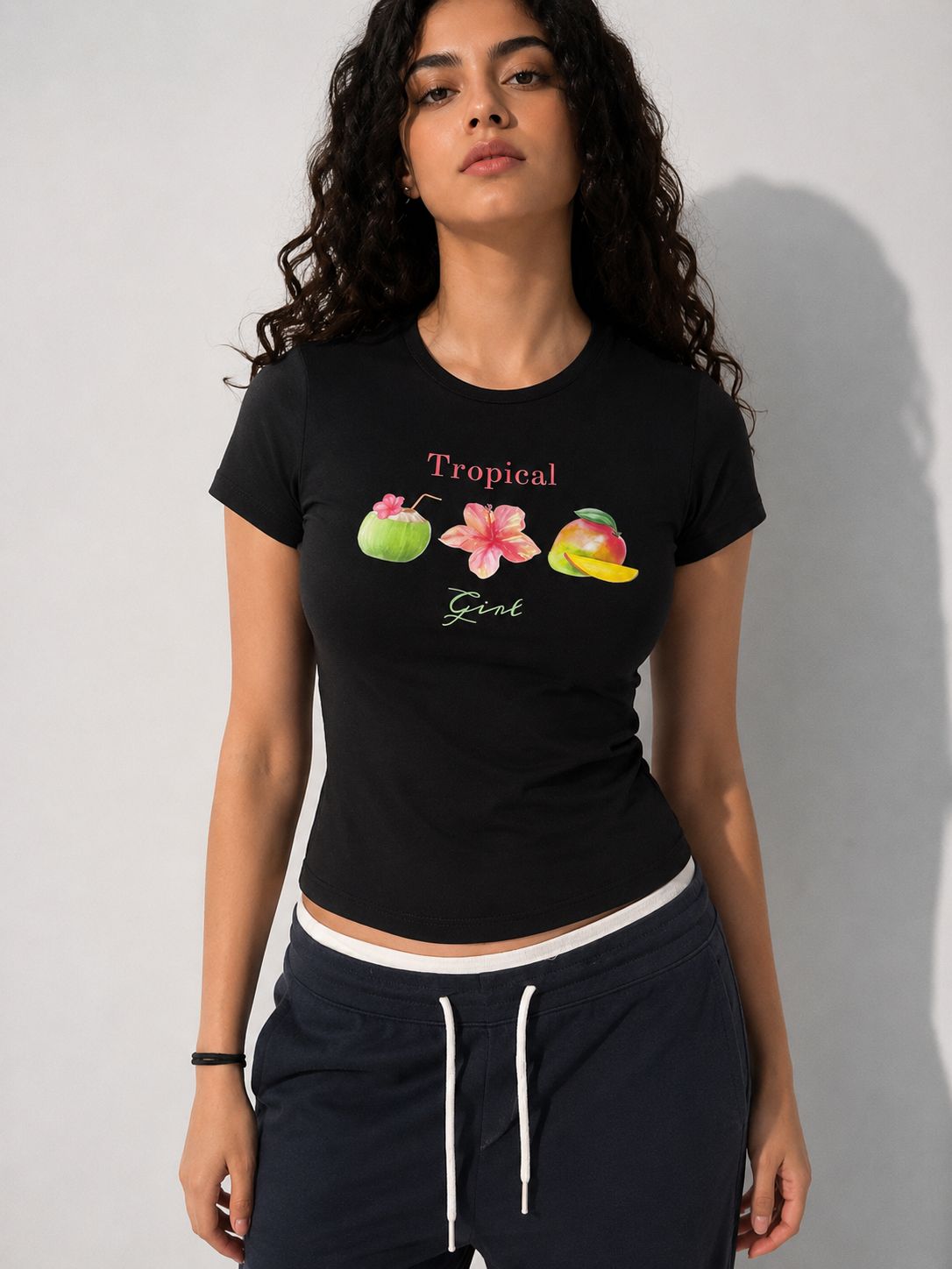 Tropical Baskılı Baby Tee Kadın T-shirt Siyah