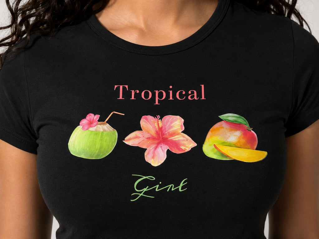 Tropical Baskılı Baby Tee Kadın T-shirt Siyah