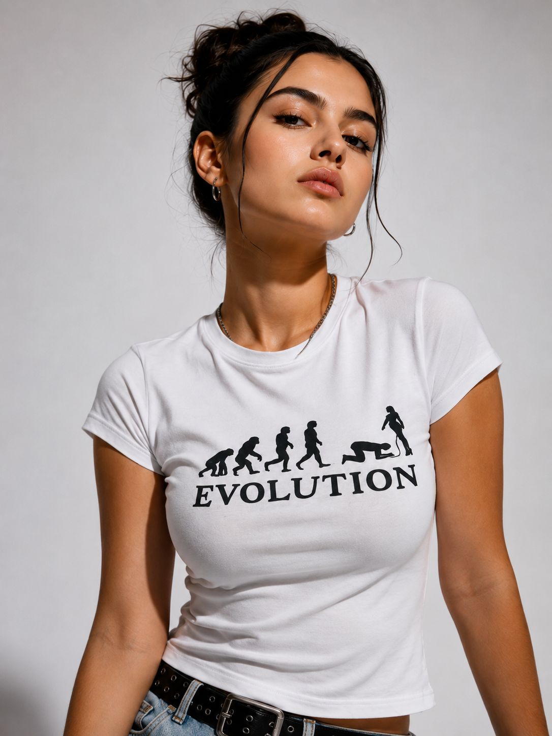 Evolutıon Baskılı Baby Tee Kadın T-shirt Beyaz