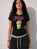 Matcha Baskılı Baby Tee Kadın T-shirt Siyah