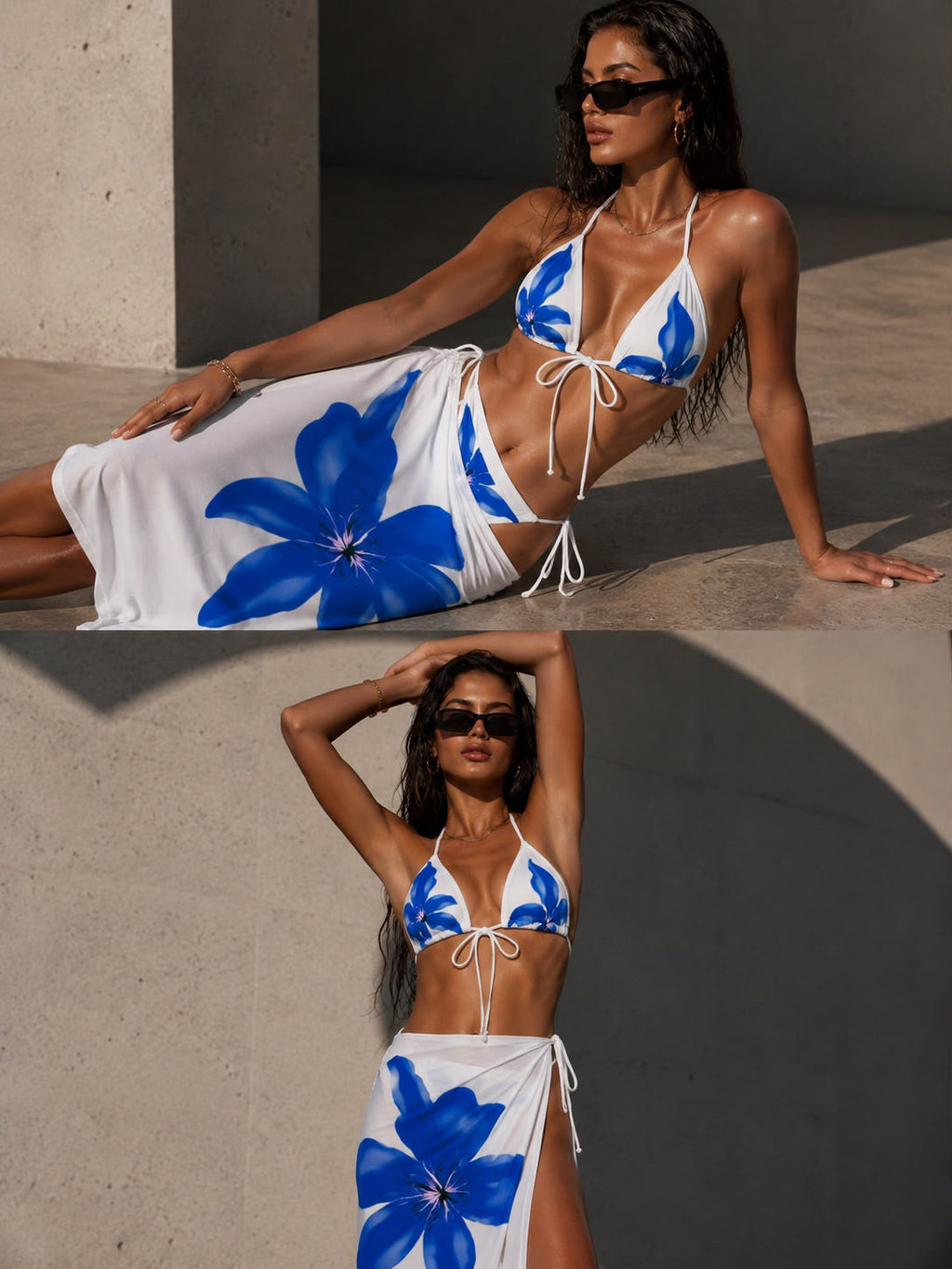 Mavi Çiçek Desenli 3’lü Bikini Takımı