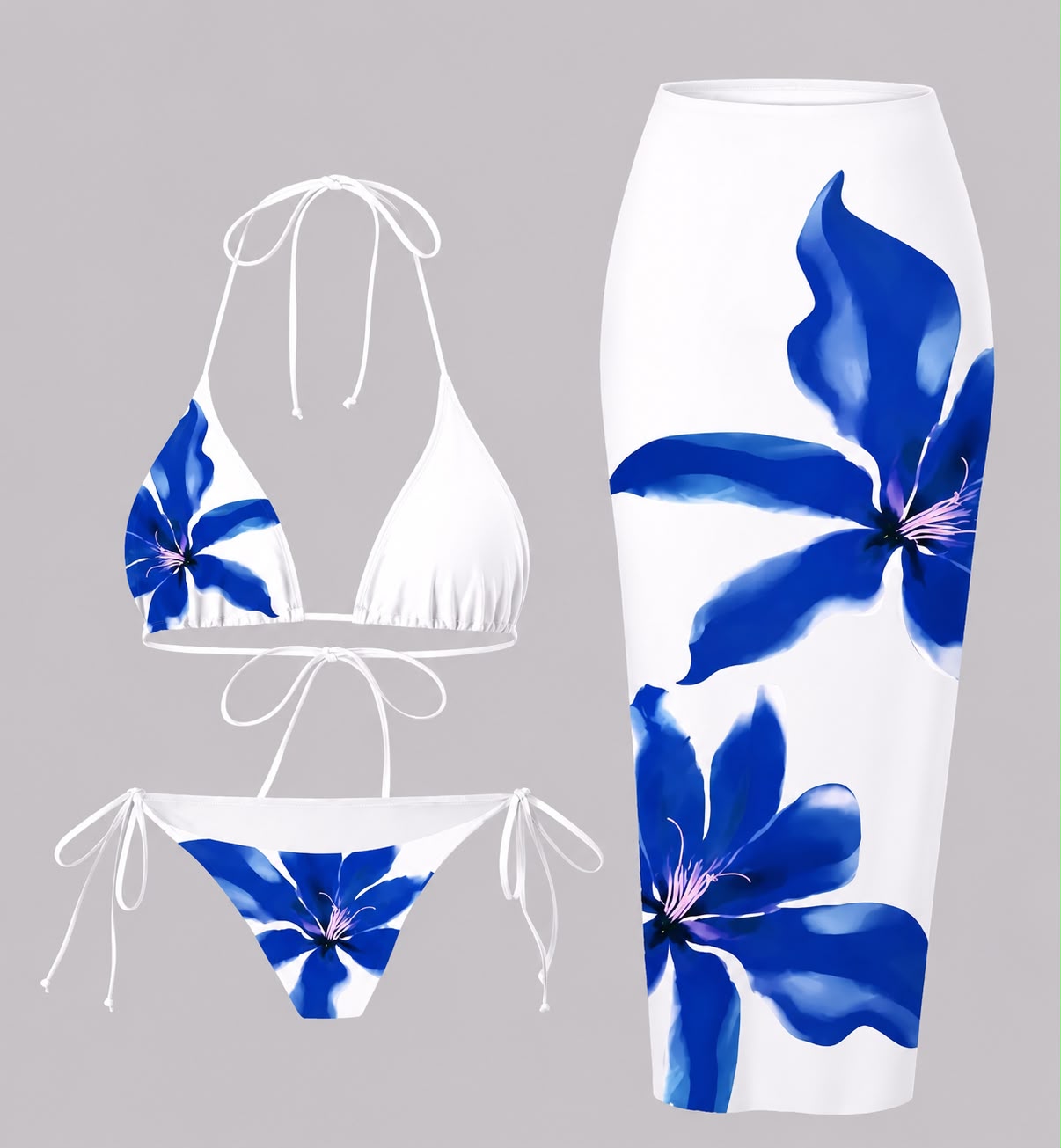 Mavi Çiçek Desenli 3’lü Bikini Takımı