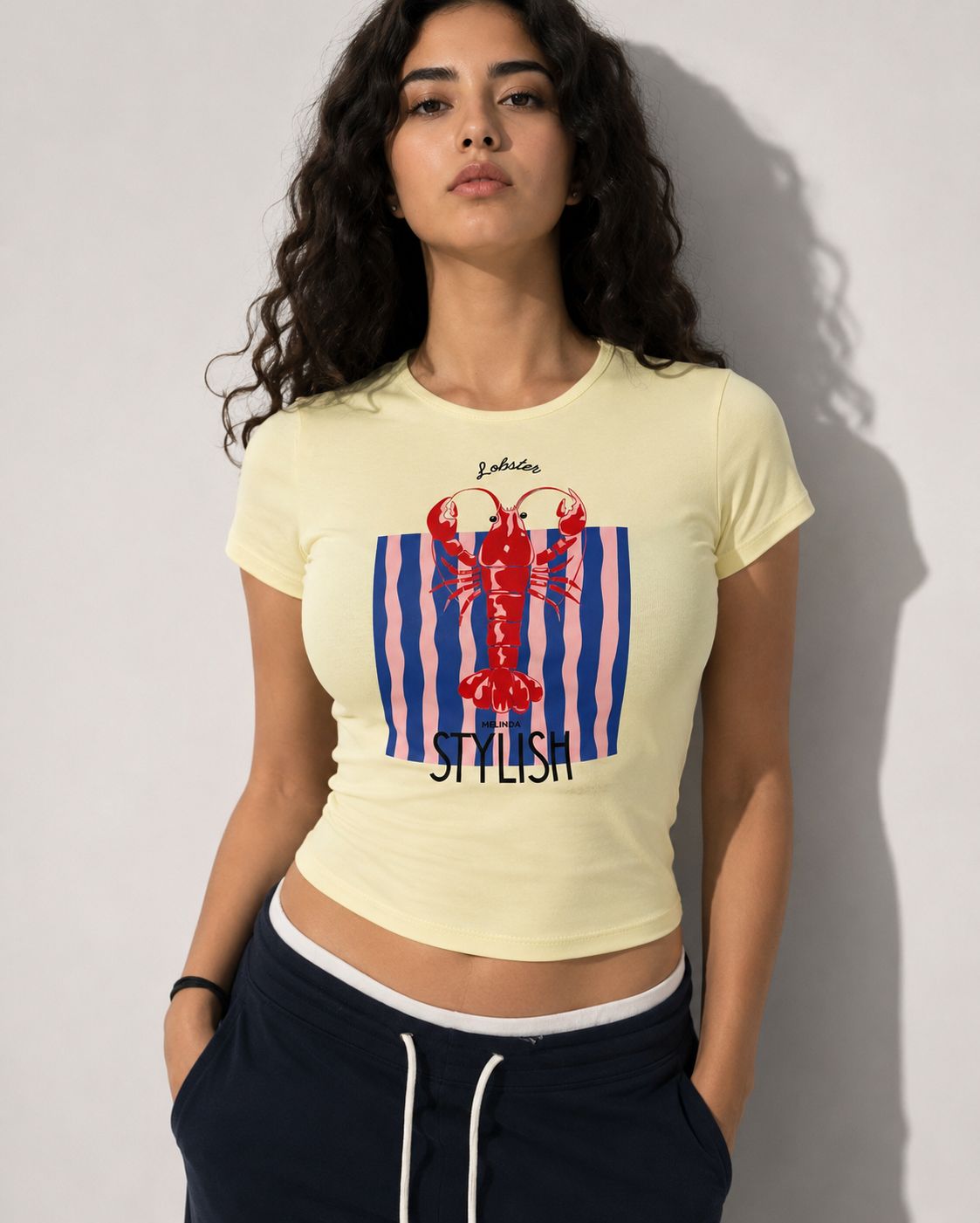 Istakoz Baskılı Baby Tee Kadın T-shirt Sarı