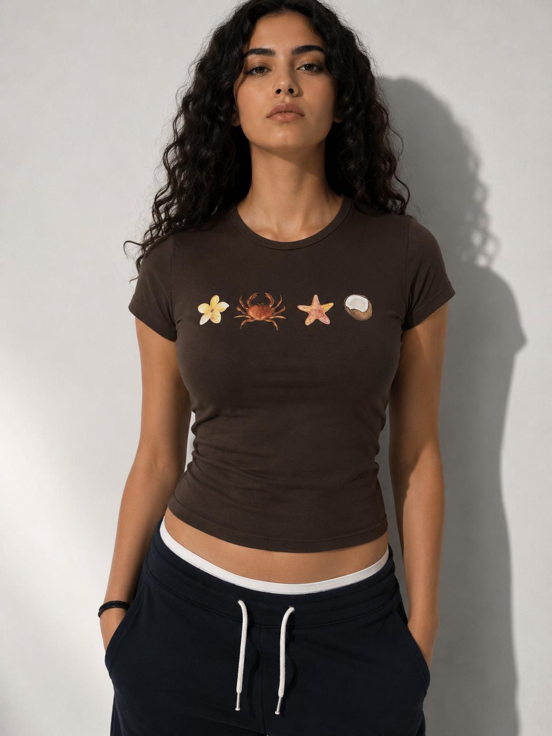 Baskılı Baby Tee Kadın T-shirt Kahverengi