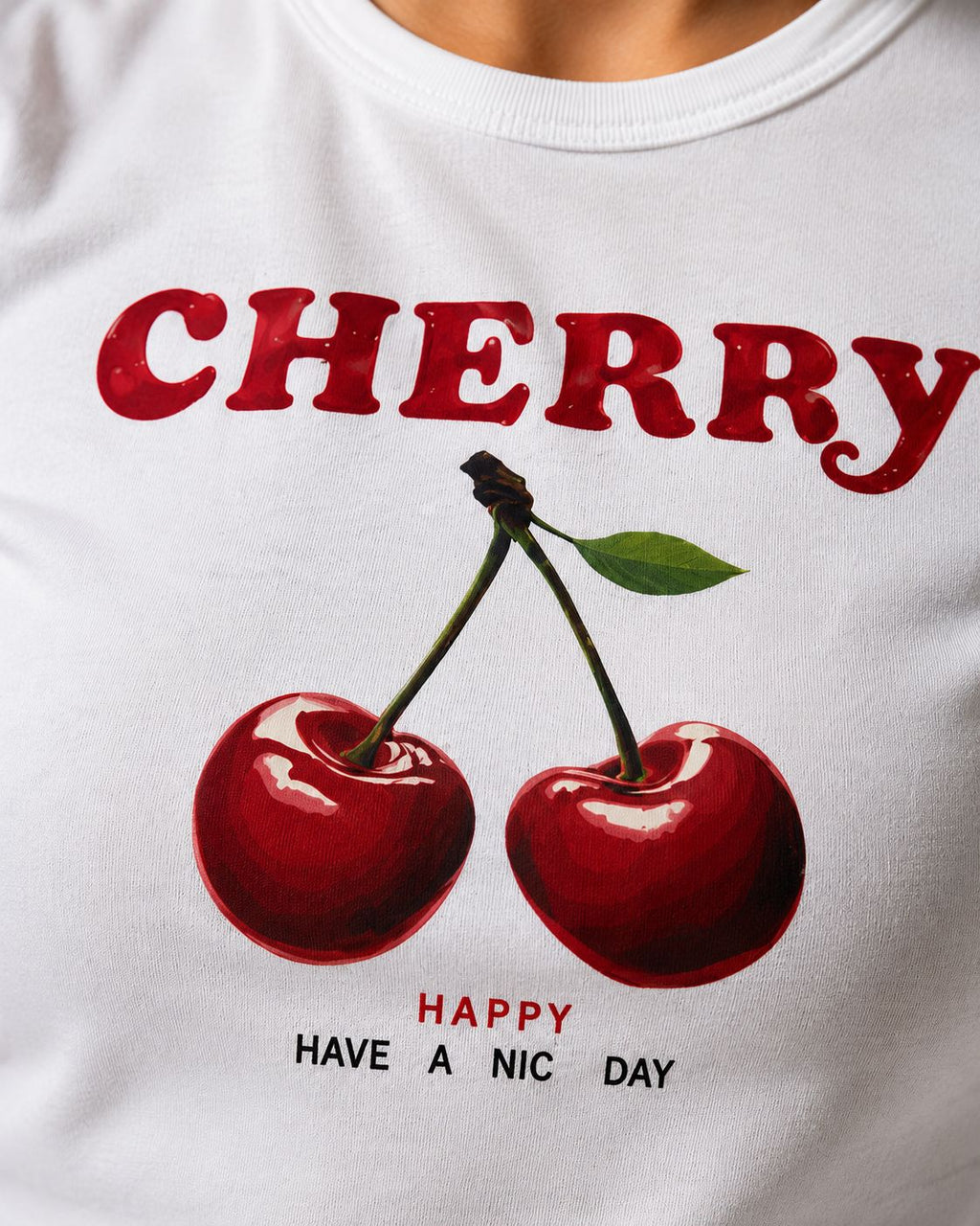 Cherry Baskılı Baby Tee T-shirt Beyaz