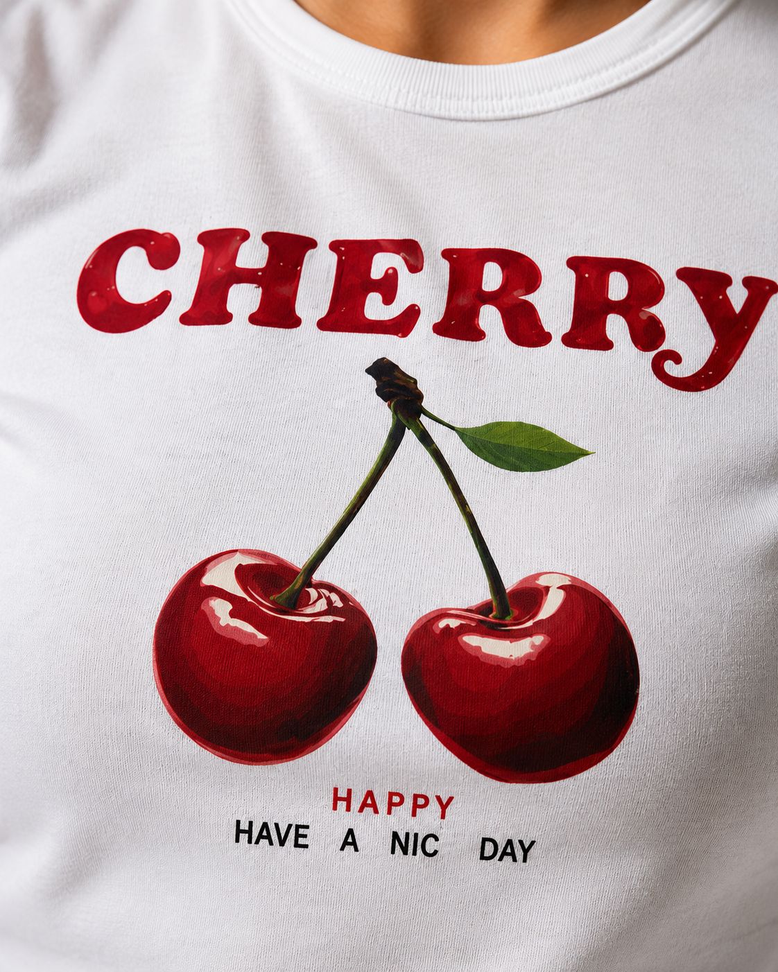 Cherry Baskılı Baby Tee T-shirt Beyaz