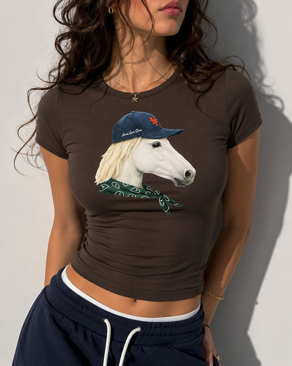 Baskılı Baby Tee Kadın T-shirt Kahverengi