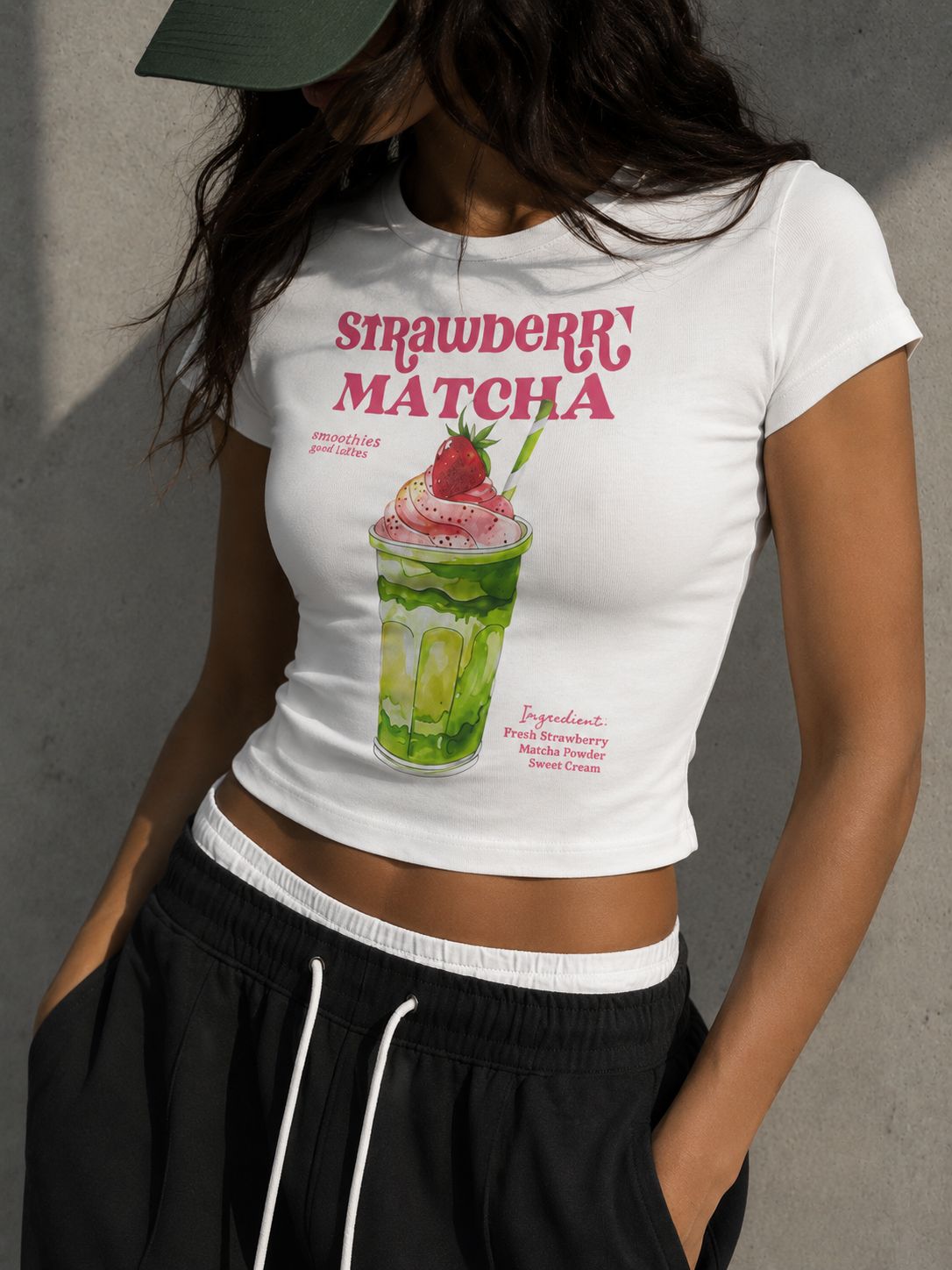 Matcha Baskılı Baby Tee T-shirt Beyaz